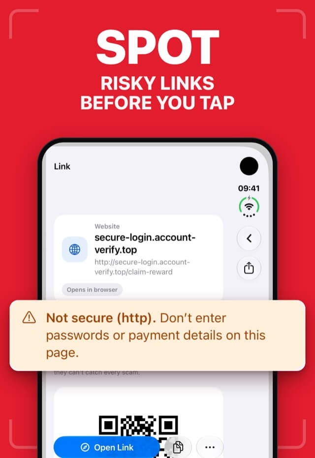 Safe QR warning that a scanned link is not secure